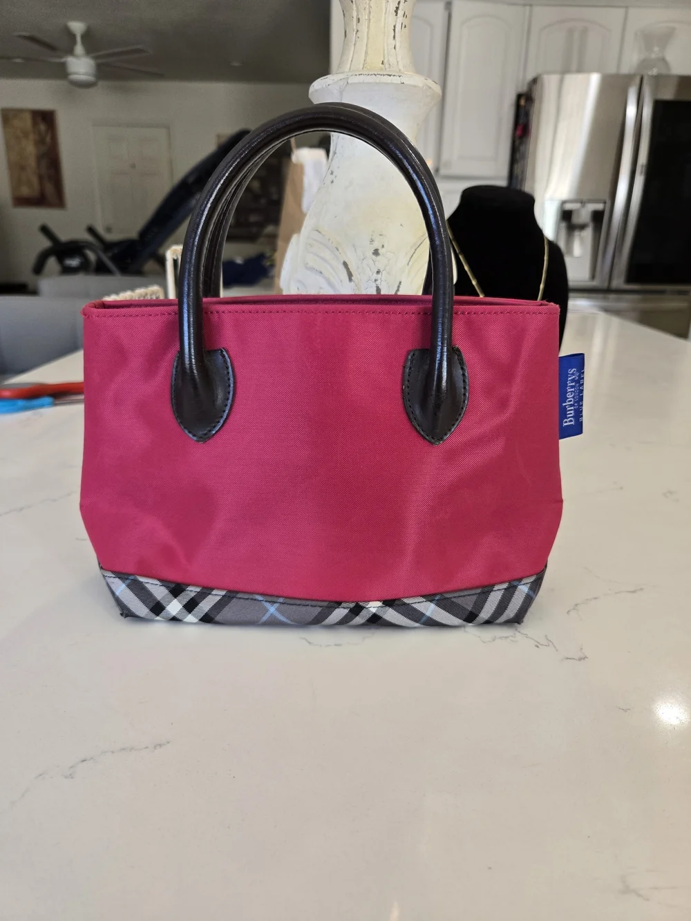 Burberry Red Mini Handbag with Black Handles and Check Trim. 10 X 10. - Picture 1 of 3